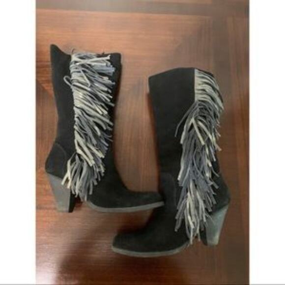 Reba Fringe Black Heeled Boots Size 7.5 - Picture 5 of 12